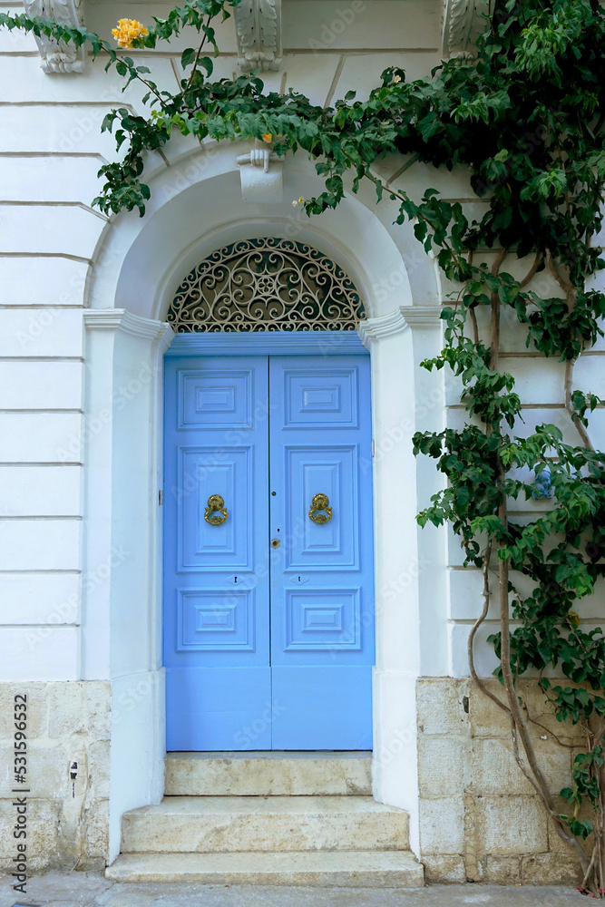 Fototapeta premium Elegant light-blue front door framed by trailing leaves and flowers, in a house of Malta