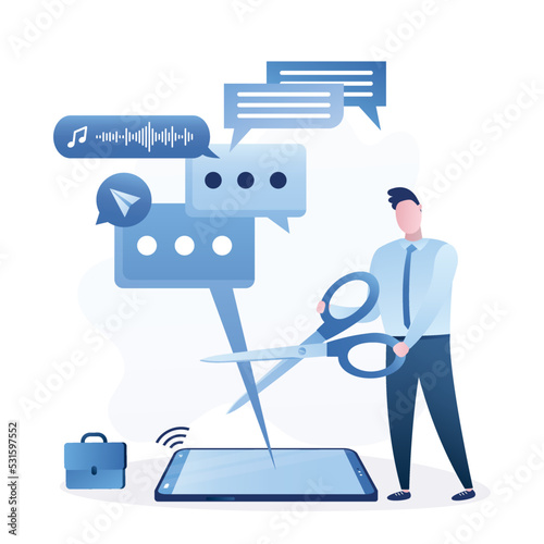 Young adult uses scissors to cut out various messages. Do not disturb. Block unwanted messages, filter messages, spam and chats from unknown senders. Delete all conversations.