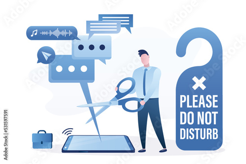 Young adult uses scissors to cut out various messages. Huge sign - Do not disturb. Block unwanted messages, filter messages, spam and chats from unknown senders. Delete all conversations.