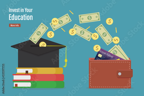 Invest in your education, landing page. Education payment. Tuition fees. Money from wallet flying into big graduation hat. High tuition costs. Education fund, payment for college.
