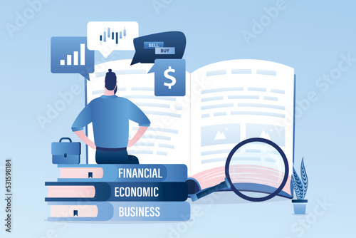 Financial literacy and investment. Young man or businessman reading a financial manual. Textbook for trader beginner. Handbook of knowledge in money management. Business education.