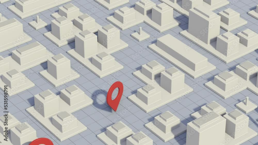 city map with buildings and location pins, camera zoom on one of them, concept of gps navigation app (3d render)