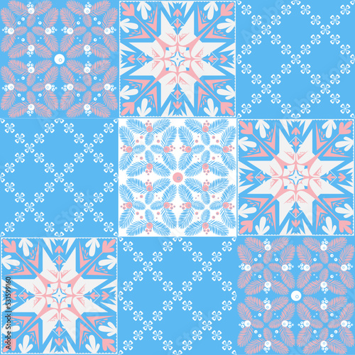Mediterranean porcelain tiles, blue pattern, azulejo talavera spanish style geometric symmetrical illustration