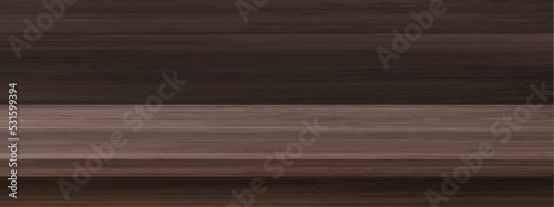 Kitchen counter and wooden wall. Empty shelf, desk or table top from brown timber board on background of wood panels wall, vector realistic mockup illustration