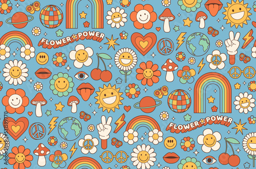 Groovy hippie 1970s background. Funny cartoon flower, rainbow, peace, Love, heart, daisy, mushroom etc. Seamless pattern in trendy trippy retro cartoon style. Flower power. Hippie 60s, 70s style.