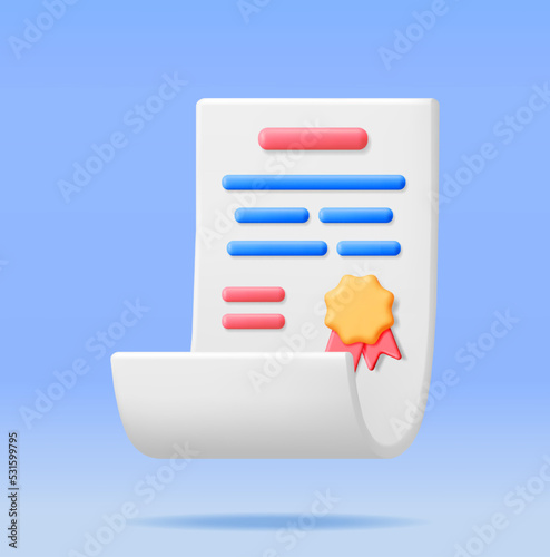 3D Certificate Icon with Stamp and Ribbon Isolated. Render White Diploma with Badge. Diploma or Accreditation. Voucher or Invitation. Business Graduation Concept. Vector Illustration