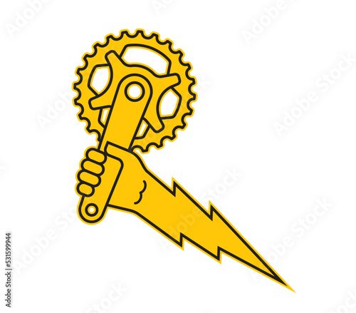 Vector yellow symbol of a hand holding a bicycle handle. Lightning. Isolated on white background.