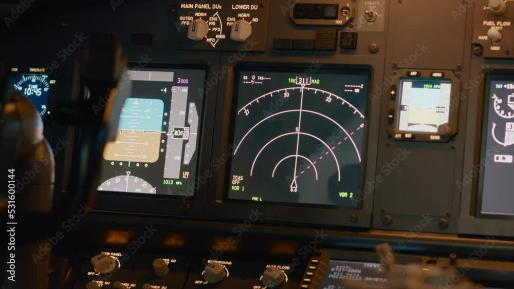 Nobody in plane cabin with control panel and navigation compass, dashboard with power buttons to fly airplane. Airplane cockpit with switch, windscreen and engine handle. Close up.