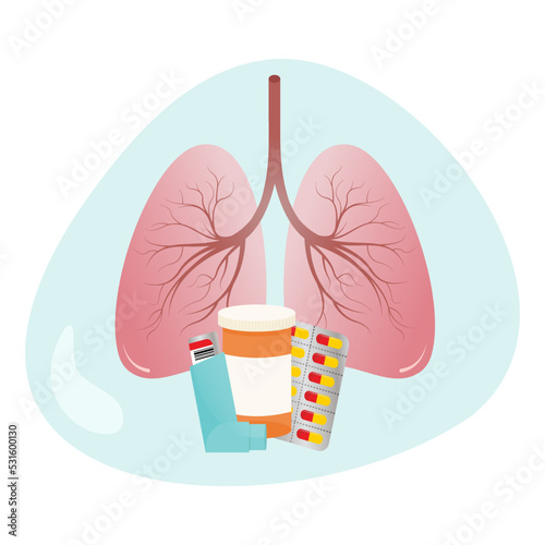 Corticosteroid and cortisone medications with an inhaler, prescription bottle, packet of pills and lungs in the background