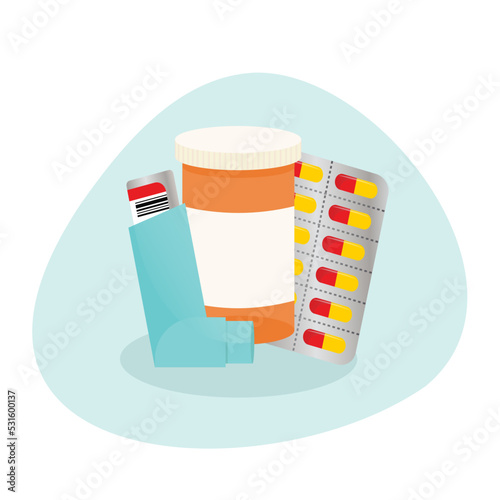 Corticosteroid and cortisone medications with an inhaler, prescription bottle, and packet of pills