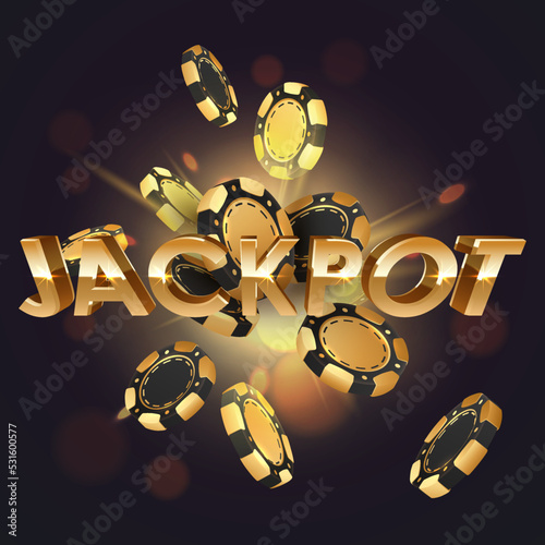 Letters Jackpot with poker chips, tokens explosion, and lights, rays, glare on black background. Concept for casino design. Vector illustration for postcard, web, advertising.