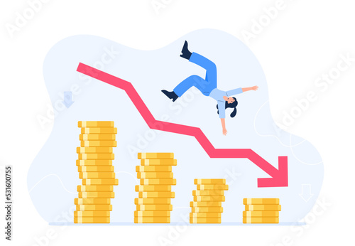 Economic downturn concept. The stock market fell down, prices drop, and investing failures or mistakes. A young woman loses her money, savings, and investment. Vector flat illustration.
