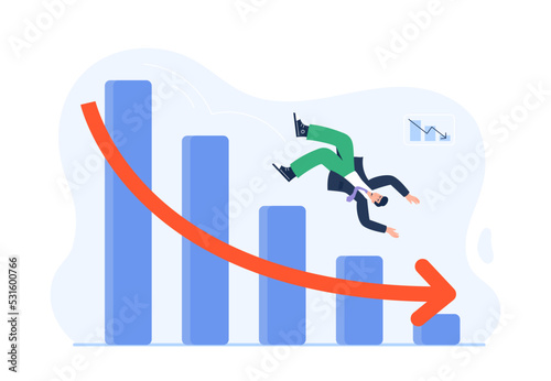 Economic downturn concept. The stock market fell down, prices drop, and investing failures or mistakes. A young businessman slips on a stock market graph and falls down. Vector flat illustration.