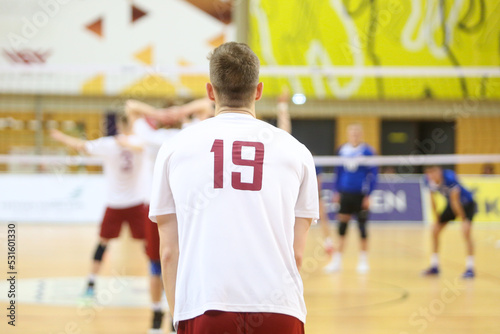 Volleyball player before service on the playing field. View from the back