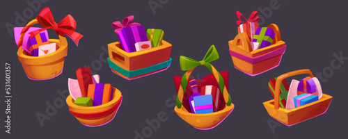 Gift hampers, boxes lying in baskets with envelopes. Chocolate and wrapped presents for valentines, birthday, anniversary of boxing day celebration. Isolated festive kits Cartoon vector illustration