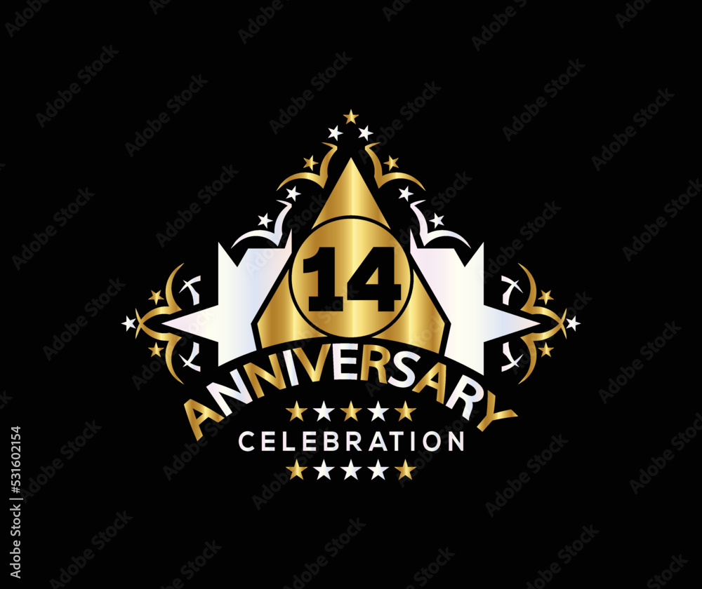 Invitation card, Celebrating of, 14 Years Anniversary, Simple Design of gold color decoration Logo