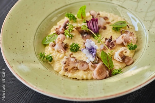 Risotto with seafood. Food from the chef in a restaurant or cafe.