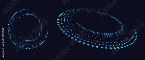 Perspective view to abstract halftone dotted circle. Spiral universe concept. Big Data concept.