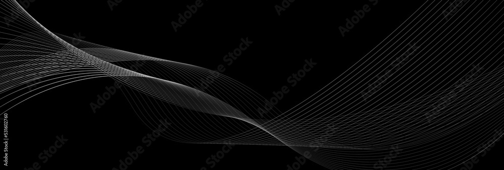 Grey abstract curved wavy lines on black background. Vector banner minimal design - obrazy, fototapety, plakaty 