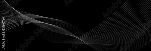 Grey abstract curved wavy lines on black background. Vector banner minimal design