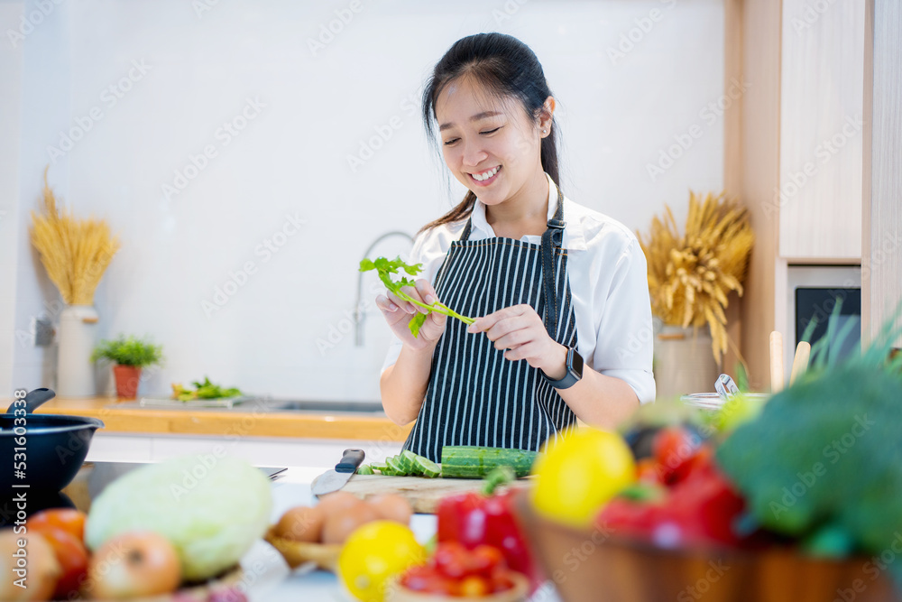 Young happy asian smiling woman cooking in new kitchen making healthy food with vegetables. Young happy asian smiling woman cooking in new kitchen making healthy food with vegetables.