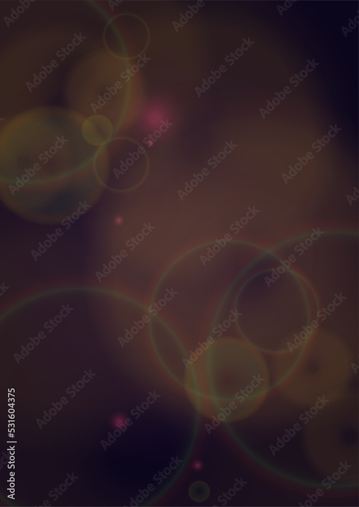 Vector Magical Gold Shine Background with Bokeh Blurred Glowing Circles on Black. Starlight Fog Texture. Glitter Holiday Print. Christmas and New Year Design. Glowing Light on Dark Purple.