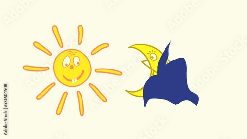 video animation with the moon veiling the sun in the sky, seamless loop. fun visualization of a solar eclipse