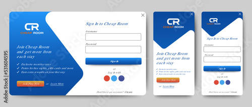 Set of Sign Up and Sign In forms for Hotel website and mobile. Blue gradient background with modern logo. Registration and login forms page. Professional web design, full set of elements. User-friendl