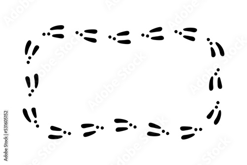 Rabbit or hare footprint trail. Bunny foot prints on snow. Rabbit paw steps. Hare steps track. Rectangular frame. Vector illustration isolated on white background in flat style.