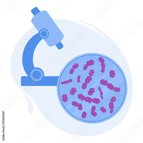 Streptococcus Pneumoniae bacteria under the microscope. Medical research of microbes. Biochemistry and analysis concept. Vector illustration.