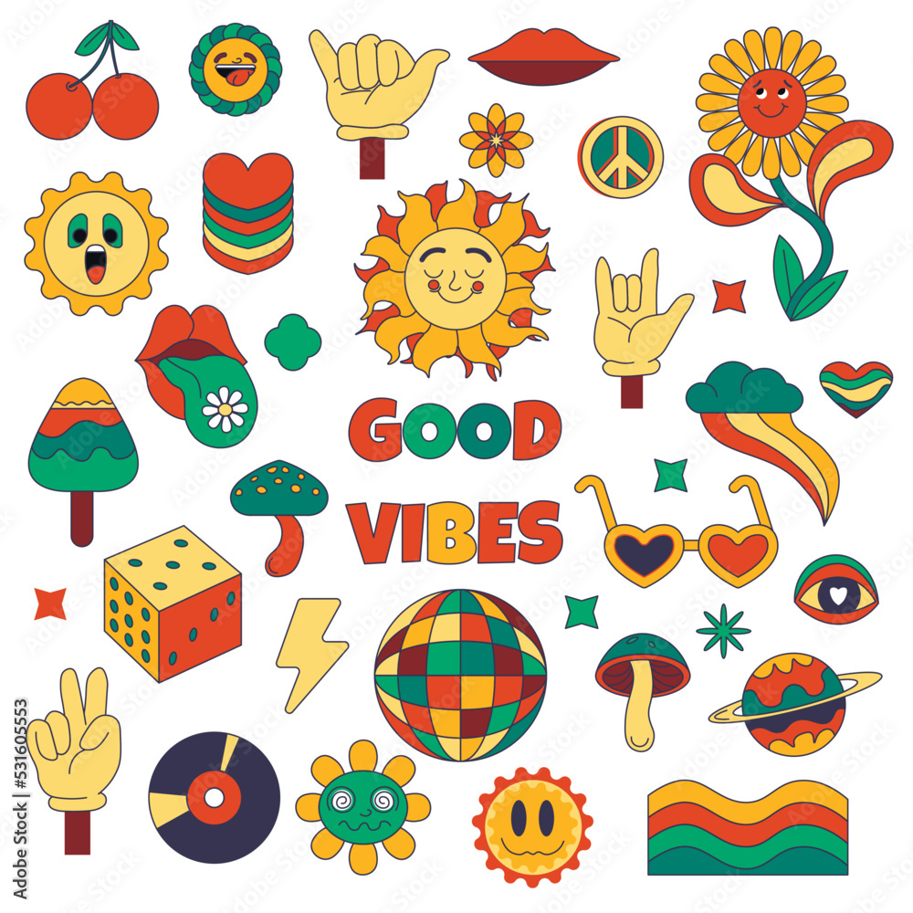 Vecteur Stock Hippie stickers and emoticons, good vibes only | Adobe Stock