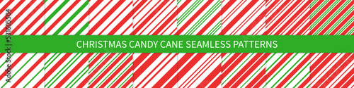 Christmas candy cane striped seamless pattern set. Christmas candycane background with red and green stripes. Peppermint caramel diagonal print. Xmas traditional wrapping texture. Vector illustration.