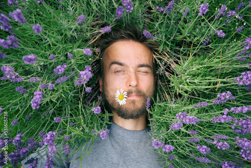 Portrait of young handsome bearded man with camomile in mouth lying among lavander flowers in blossom field. Happy smiling guy relax on the grass on sunny summer day. Freedom, take care concept.