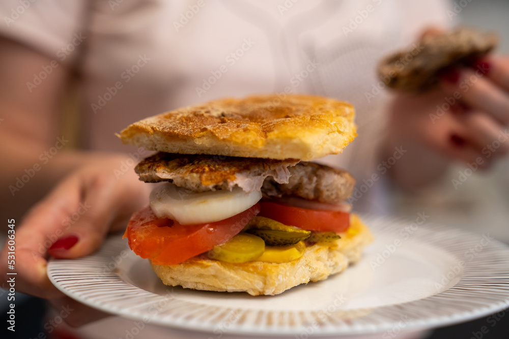 woman hand holding home made sandwich with meat, onion, tomato, cucumber and cheese, perfect bokeh woman hand holding home made sandwich with meat, onion, tomato, cucumber and cheese, perfect bokeh