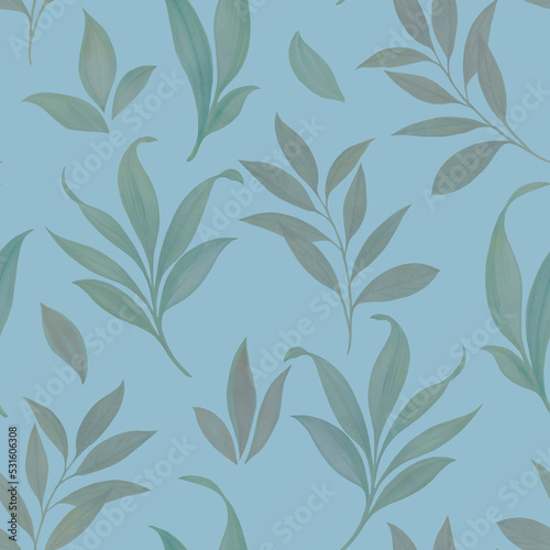 Watercolor botanical pattern. green leaves on a blue background. Abstract ornament of delicate colors.