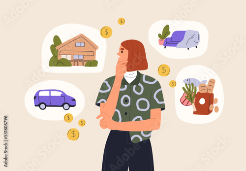 Personal finance management and budget, expenses planning concept. Person choosing, deciding what to spend money on. Financial distribution, strategy, solutions and targets. Flat vector illustration photo