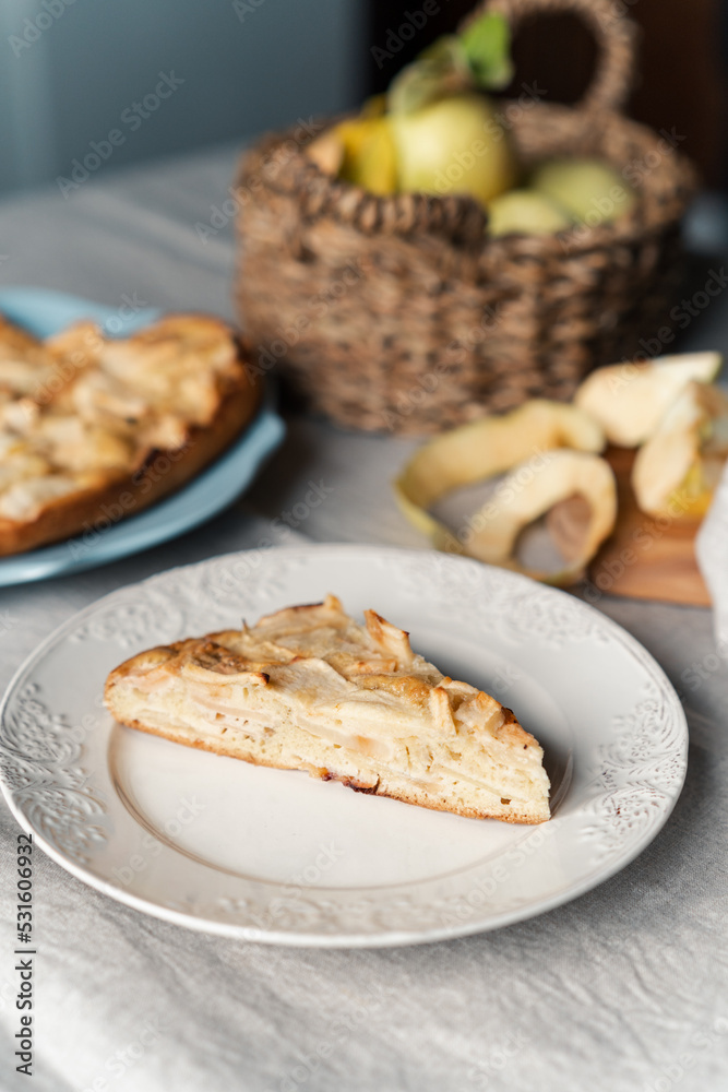 Slice of beautiful serving apple pie. Close-Up Of Food On Table Slice of beautiful serving apple pie. Close-Up Of Food On Table