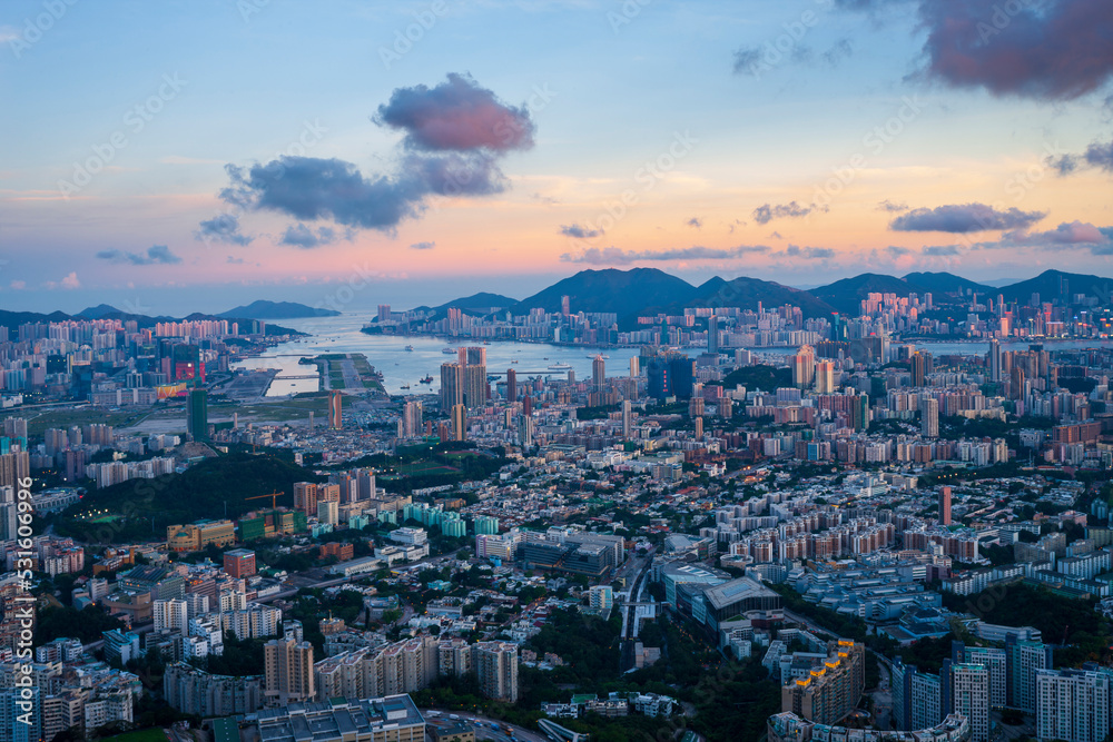 Aerial View of Kowloon Peak Lookout at Dusk, Hong Kong