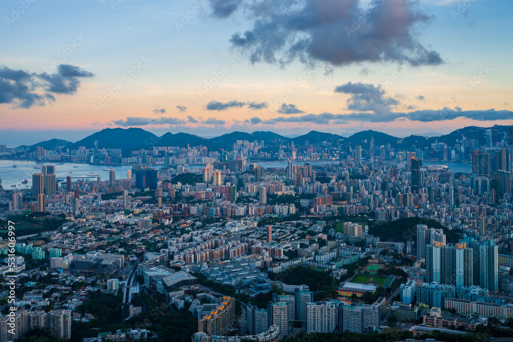 Aerial View of Kowloon Peak Lookout at Dusk, Hong Kong