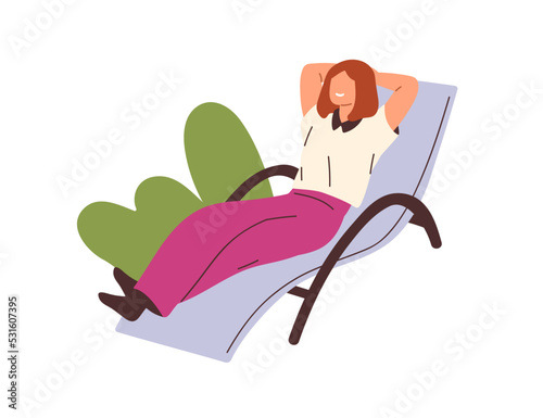 Happy woman relaxing, lying on chaise longue. Female employee chilling on deck chair at break. Relaxation of office worker lounging, resting. Flat vector illustration isolated on white background