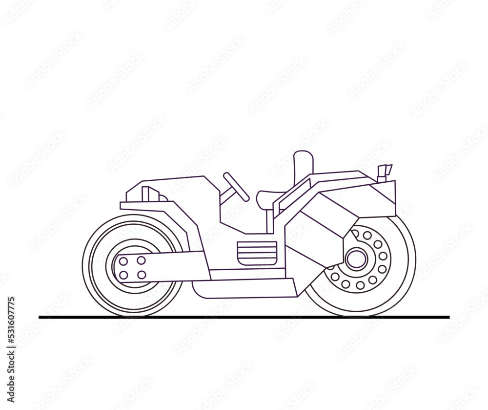 Vector icon a modern mini road roller in linear style, a vehicle for road works, isolated contour drawing on white background