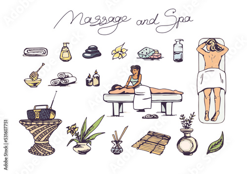 Massage and SPA set, hand drawn color vector illustration, cute contours silhouette icons, massage couch and equipment of spa salon, aroma therapy, relaxation, beauty and wellness, isolated elements.