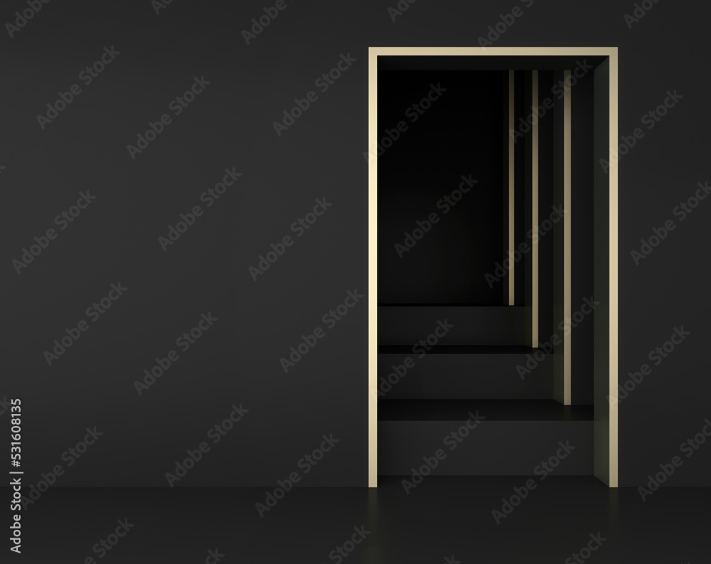Abstract minimal geometric black rectangular opening background with golden edges and stairs; simple clean walls; minimalist primitive wall niche; art deco display; 3d rendering, 3d illustration