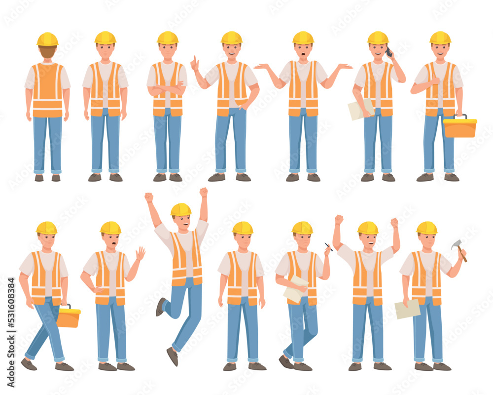 Man Builder Character in Hard Hat and Warnvest in Different Pose and Gesture Vector Set