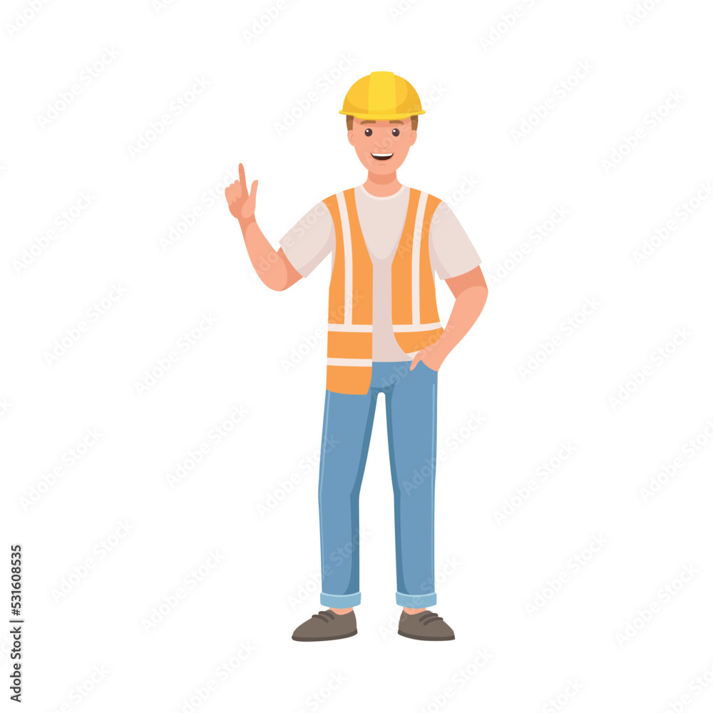 Man Builder Character in Hard Hat and Warnvest Standing and Indicating Finger Vector Illustration