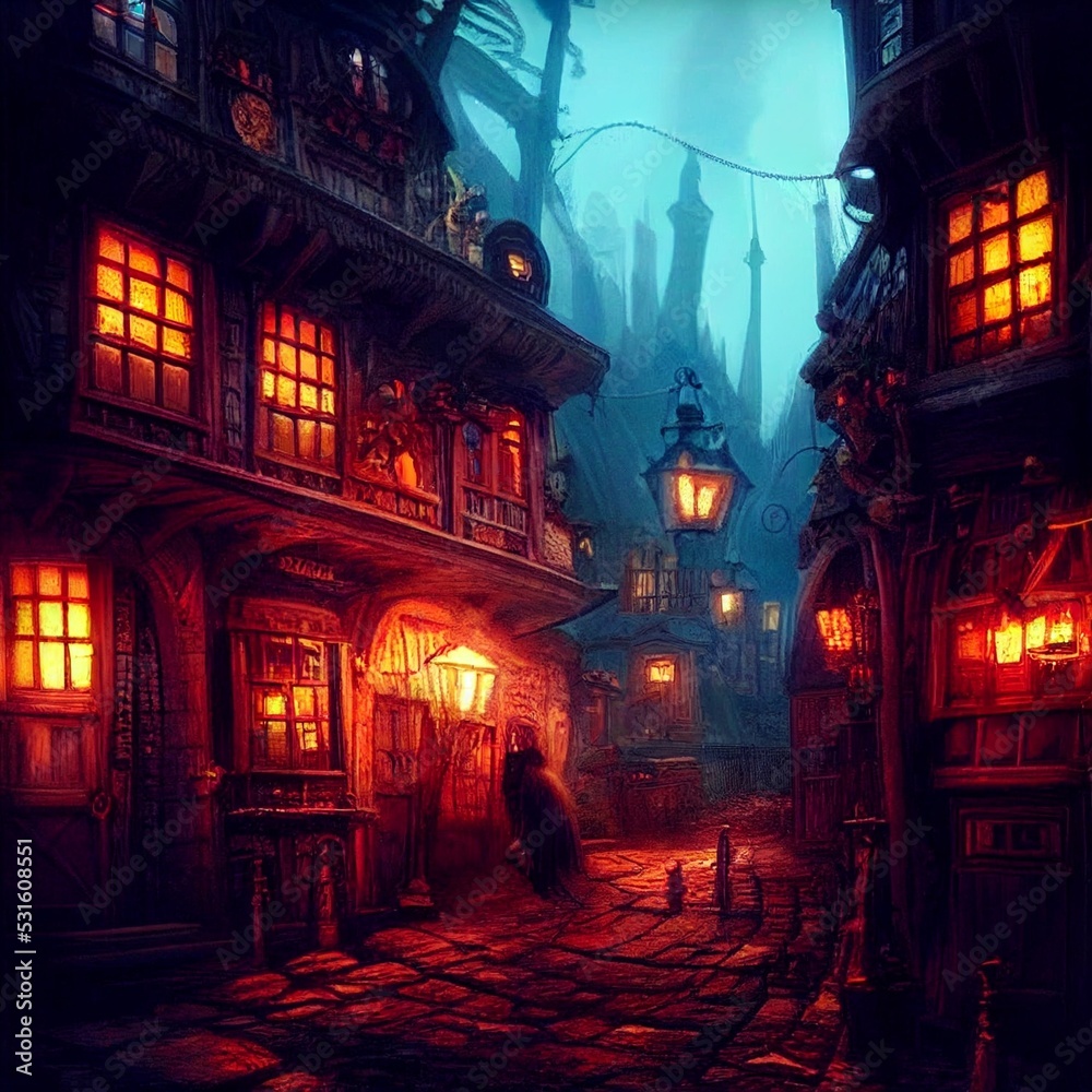Illustration einer Piraten Stadt bei Nacht