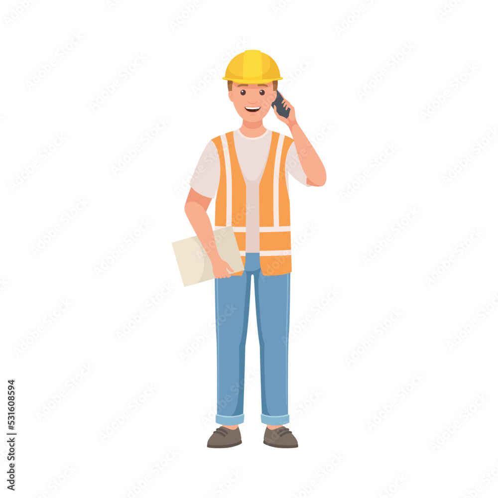 Man Builder Character in Hard Hat and Warnvest Standing and Speaking by Phone Vector Illustration Man Builder Character in Hard Hat and Warnvest Standing and Speaking by Phone Vector Illustration