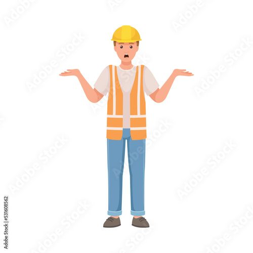 Man Builder Character in Hard Hat and Warnvest Shrugging Shoulders Vector Illustration