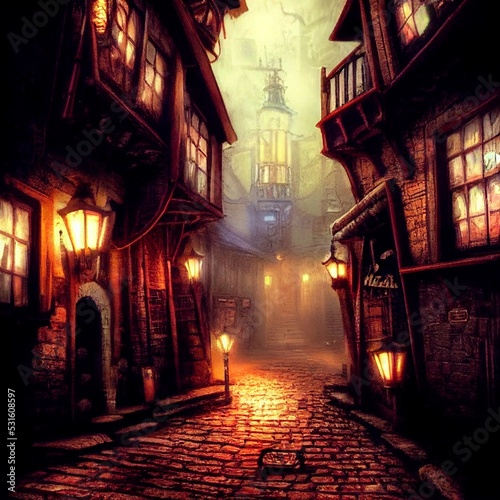 Canvastavla Illustration einer Piraten Stadt bei Nacht