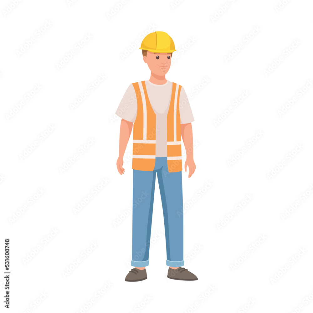 Man Builder Character in Hard Hat and Warnvest in Standing Pose Vector Illustration